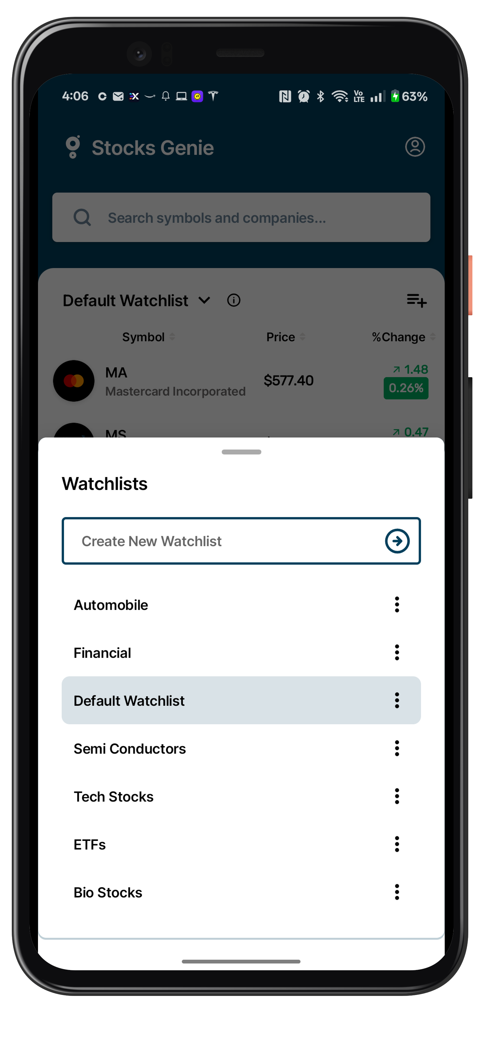 Stocks Genie Create New Watchlist Screenshot