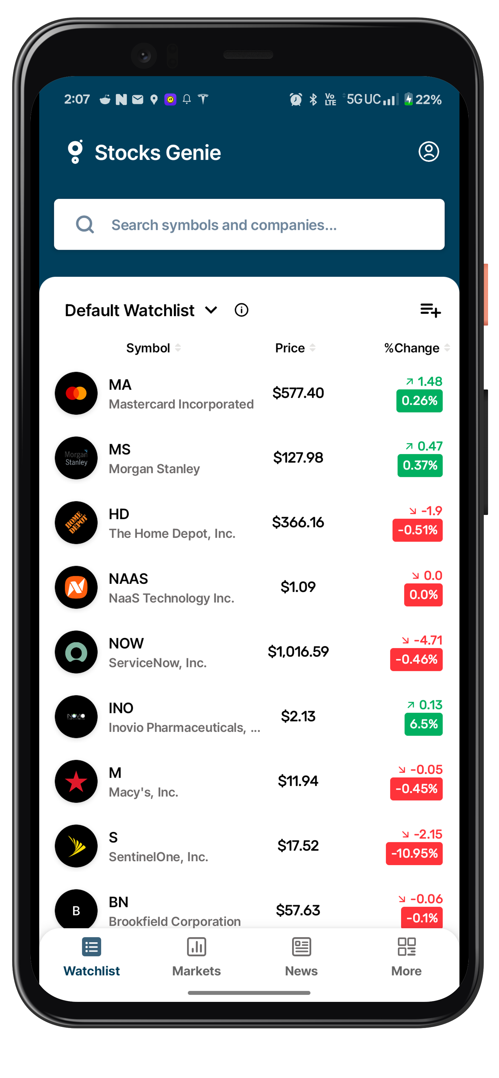 Stocks Genie Watchlist Screenshot